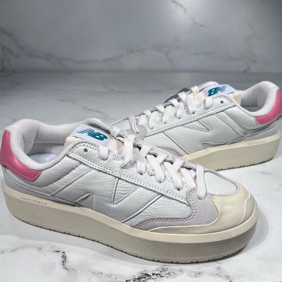 New Balance CT 302 White Leather Pink Heel Platform Sneakers